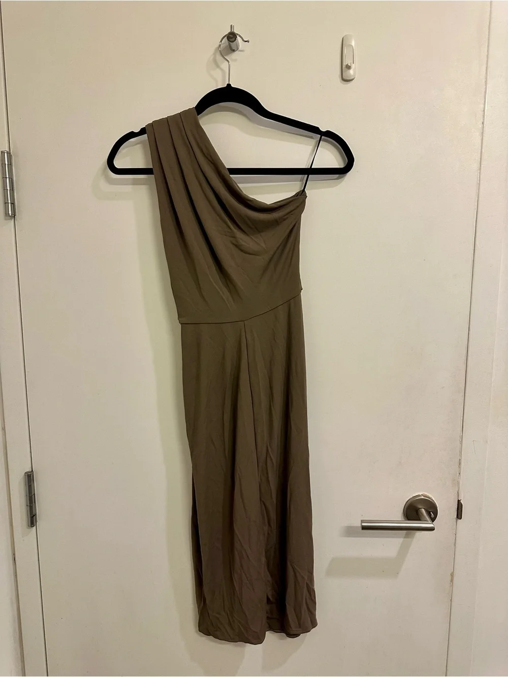Michael Kors One-Shoulder Olive Draped Midi Dress